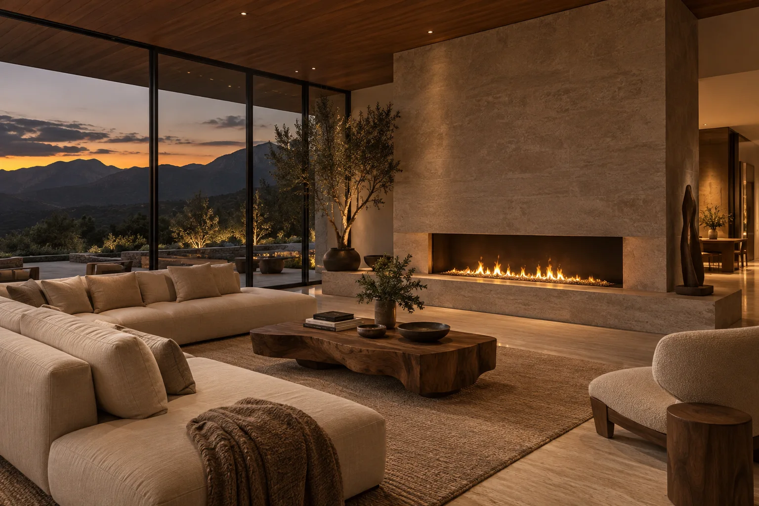 Lareira linear acesa em living com pedra natural, sofá de linho e vista para as montanhas